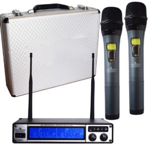 UHFPREMIUM Micrófonos Inalámbricos UHF set dual IR con cable y estuche case receptor case logo